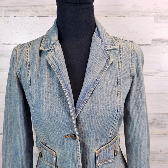 True Vintage Mossimo Paris Hilton Style Fitted Y2K Pinstripe Denim Jacket Small - Picture 7 of 11